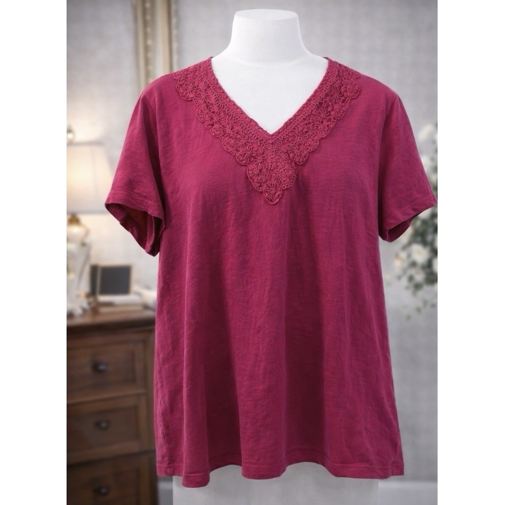 Soft Surroundings Popover Knit Top Crochet V-Neck Bright Pink Top Cotton Size 1X
